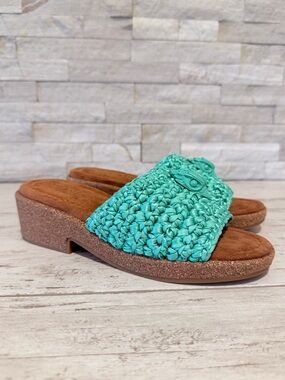 Kurt Geiger London Women’s 36.5 Eagle Crochet Cork Slide Sandals  Aqua/Green NEW